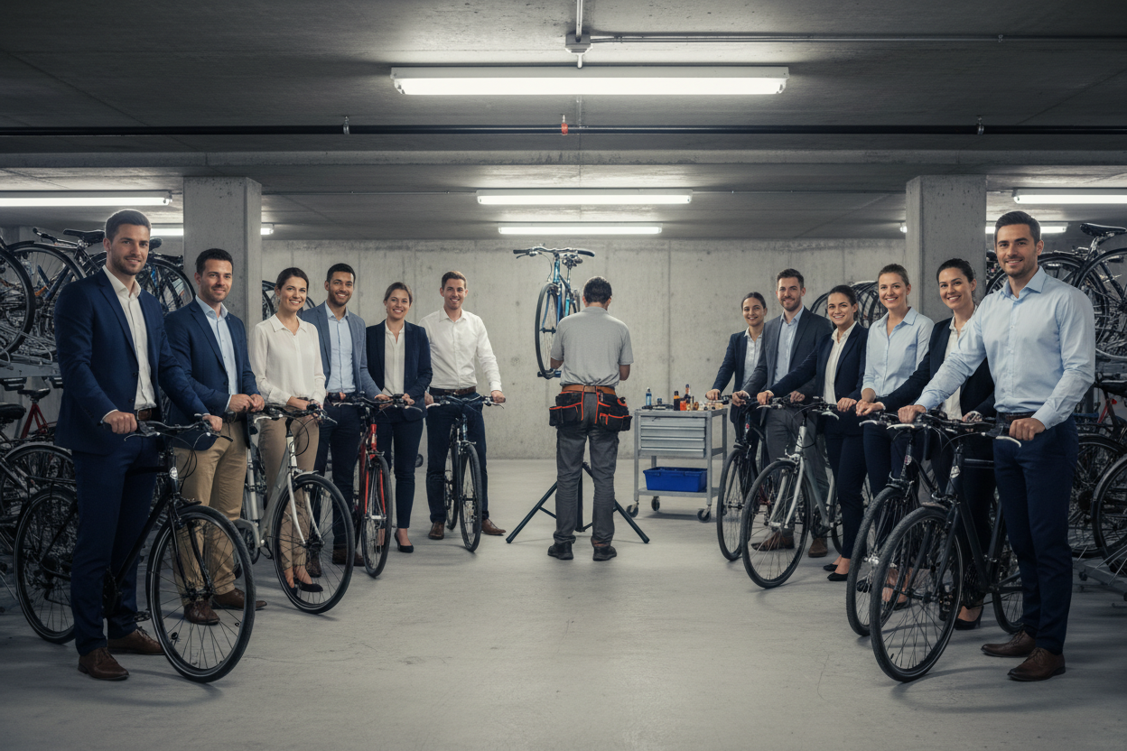 dans uns sousol , parking velo , on ne voit pas le visage du mecanicien et les gens sont habillés pour aller au bureau
